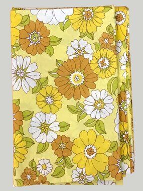 Fieldcrest "Felicity" Yellow Avocado White Floral Flat Sheet XL Twin Mod 1970s